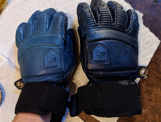 Gloves with darkened leather