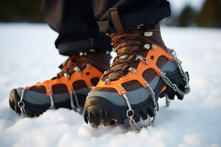 Boots with ice grippers walking in snow